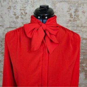 Vintage 80s Red Neck Bow Blouse M Button Down Pendleton 1980s Office Secretary